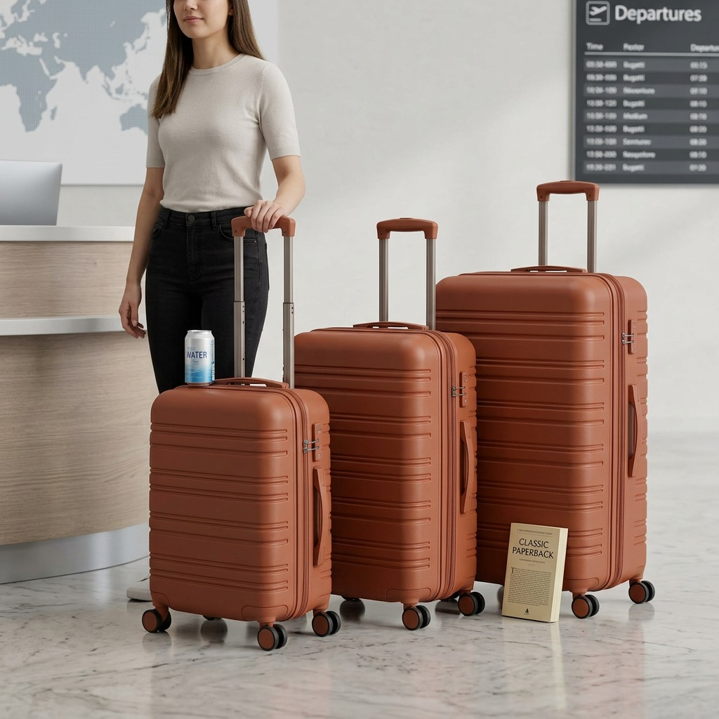 A person stands next to the three Bugatti luggage from image 0, illustrating their respective carry-on, medium, and large sizes relative to human height.