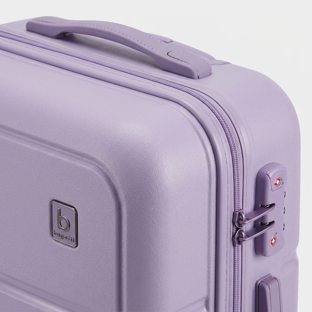 An extreme macro detail shot of the HLG4220BU-SHADOWLILAC suitcase.