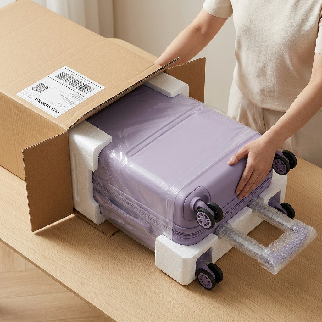 A premium unboxing scene shows a user carefully removing the Shadow Lilac Bugatti carry-on spinner from its protective foam and plastic wrap inside a sturdy cardboard shipping box.
