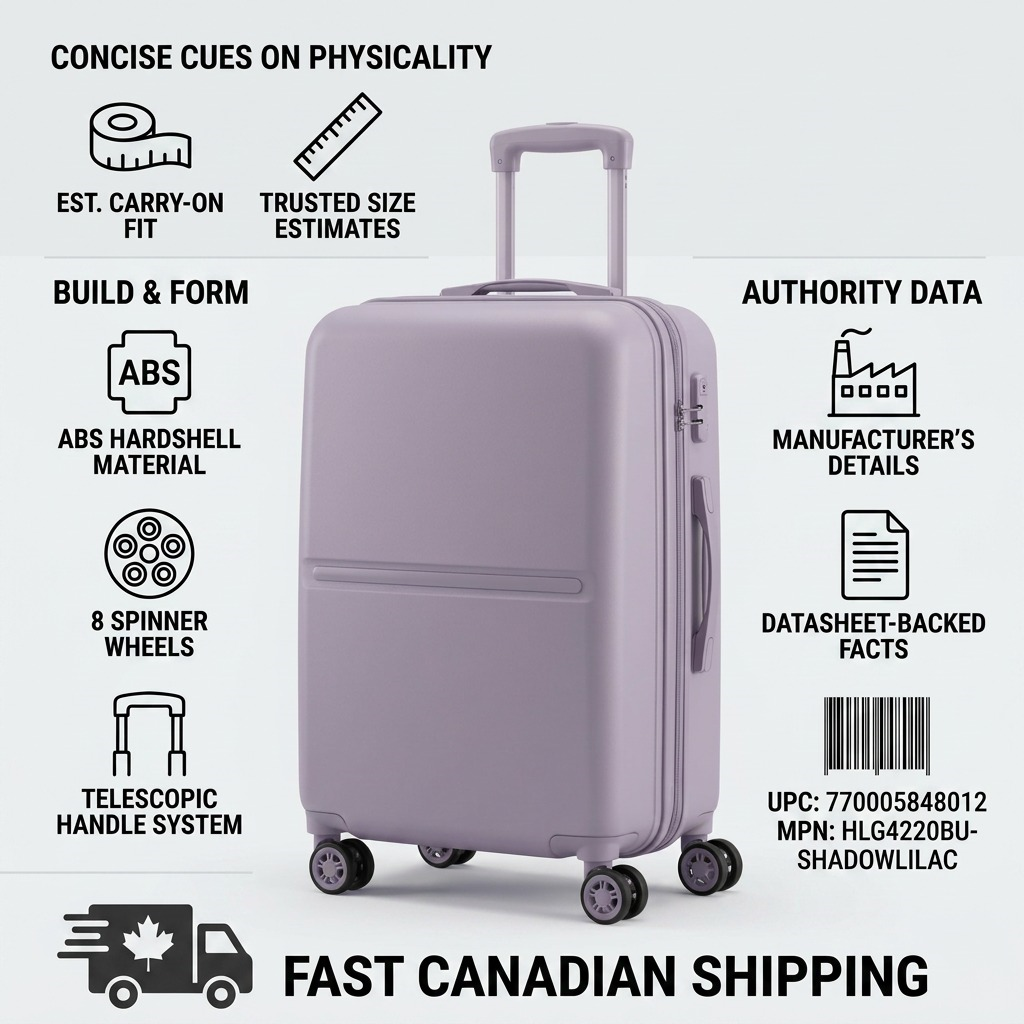 A product matrix trust infographic showcasing the light purple hard-shell carry-on with 8 spinner wheels, and clean icons.