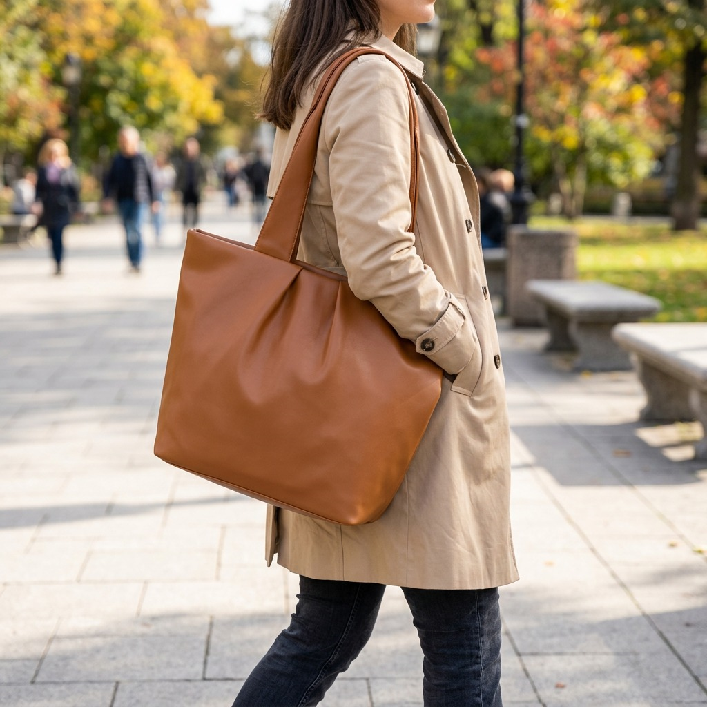 Lifestyle shot of a woman in a park with the tan Bugatti Brera tote slung over her shoulder.