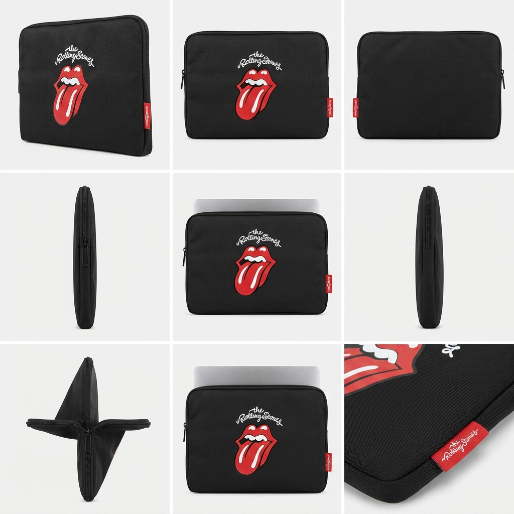 A clean grid showing The Rolling Stones 15.6" laptop sleeve from multiple useful angles.
