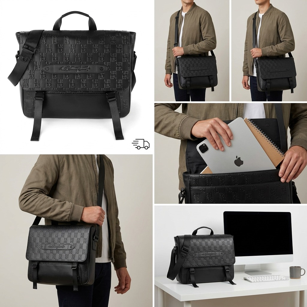 Scale reference photo for Bugatti Rolling Stones messenger bag placed next to a realistic human arm and workspace elements.