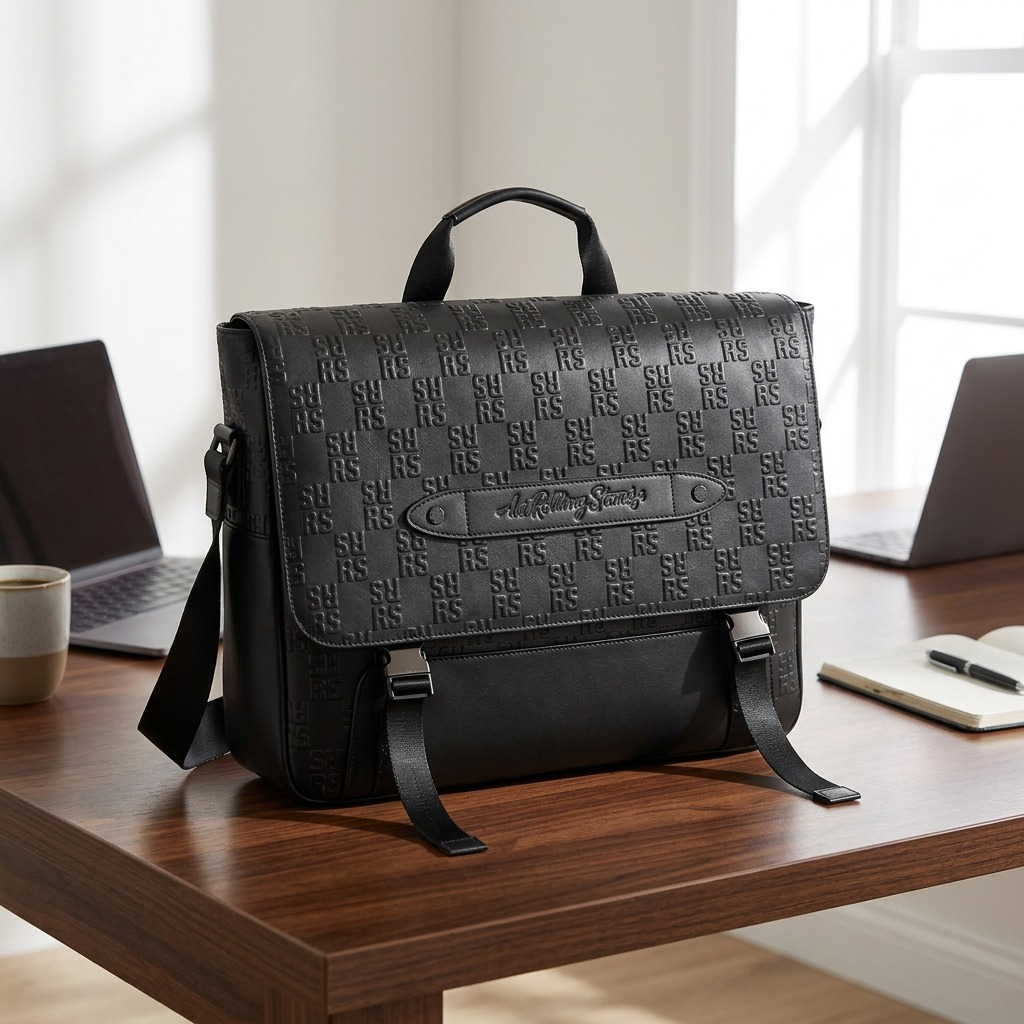 A lifestyle photo showing the Bugatti The Rolling Stones messenger bag on an desk.