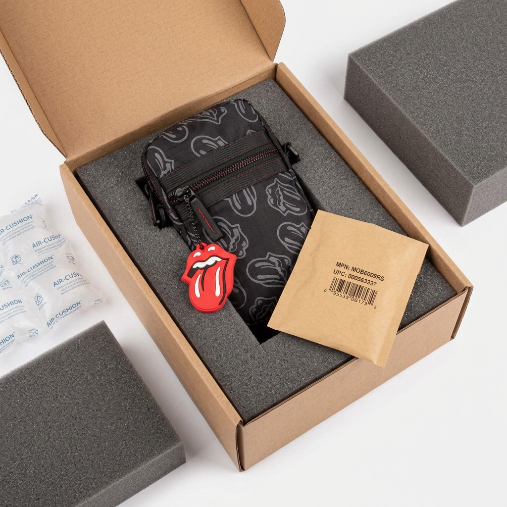 A flat-lay photograph of a opened, protective cardboard box with Bugatti MOB6009RS - The Rolling Stones Evolution Mobile Case and its red charm nestled in a protective foam insert.