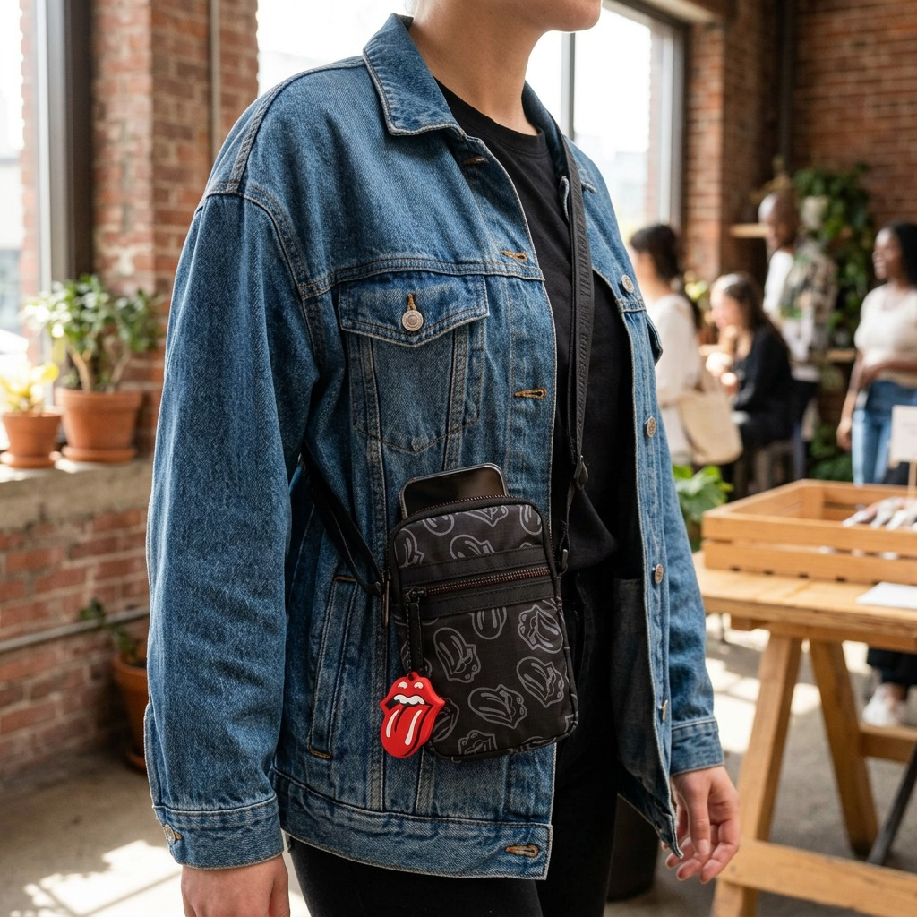 Lifestyle photo using a close-up of a person walking, showing the Bugatti Rolling Stones Evolution mobile case worn across the body.