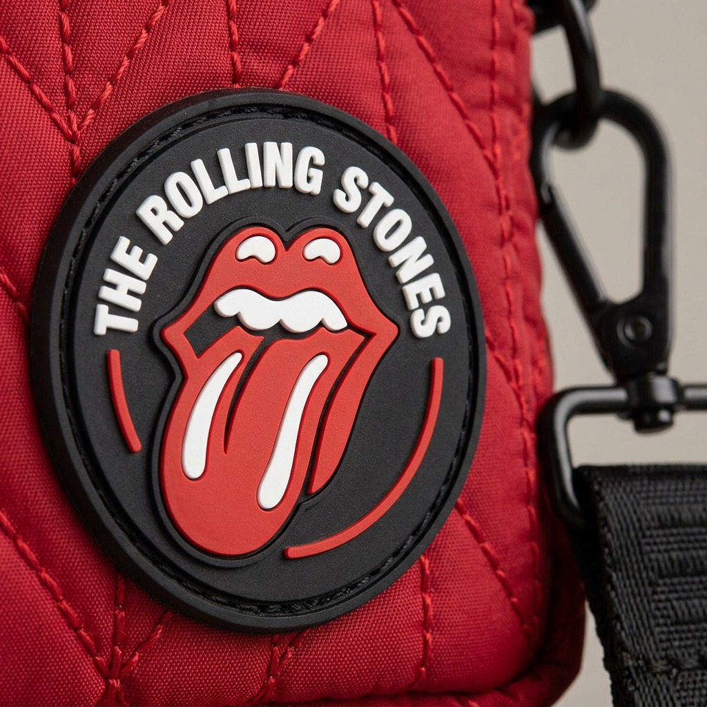 Extreme macro of red quilted bag with highly defined Rolling Stones logo patch.