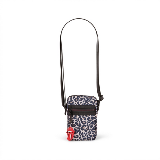 A high-resolution hero shot of the leopard print mobile crossbody case with the Rolling Stones logo charm.
