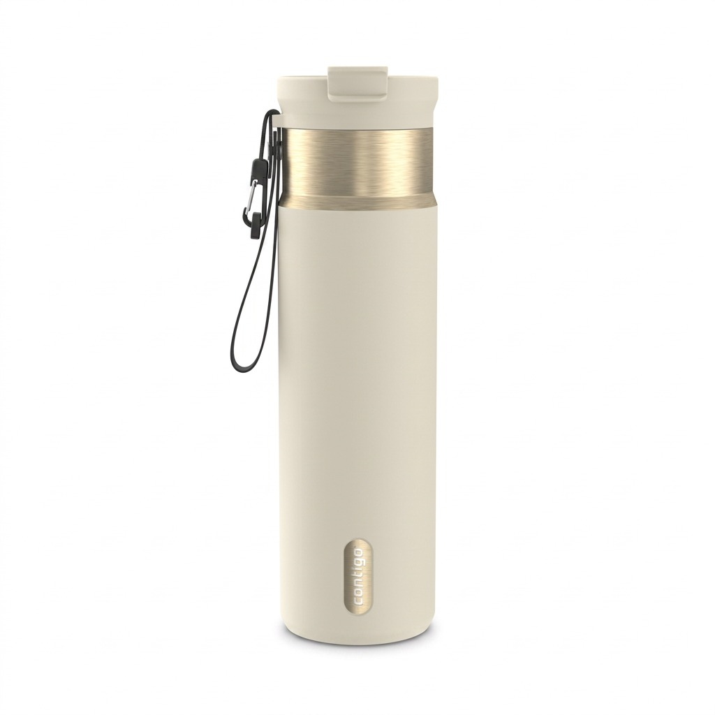 Detailed hero shot of a premium Contigo Dual Sip water bottle in an elegant 'Oatmilk' shade, with distinctive gold-toned metal accents, a textured surface, a leak-proof lid, and a built-in spout to demonstrate its functionality, isolated on a clean white background.