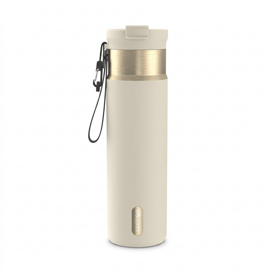 Detailed hero shot of a premium Contigo Dual Sip water bottle in an elegant 'Oatmilk' shade, with distinctive gold-toned metal accents, a textured surface, a leak-proof lid, and a built-in spout to demonstrate its functionality, isolated on a clean white background.