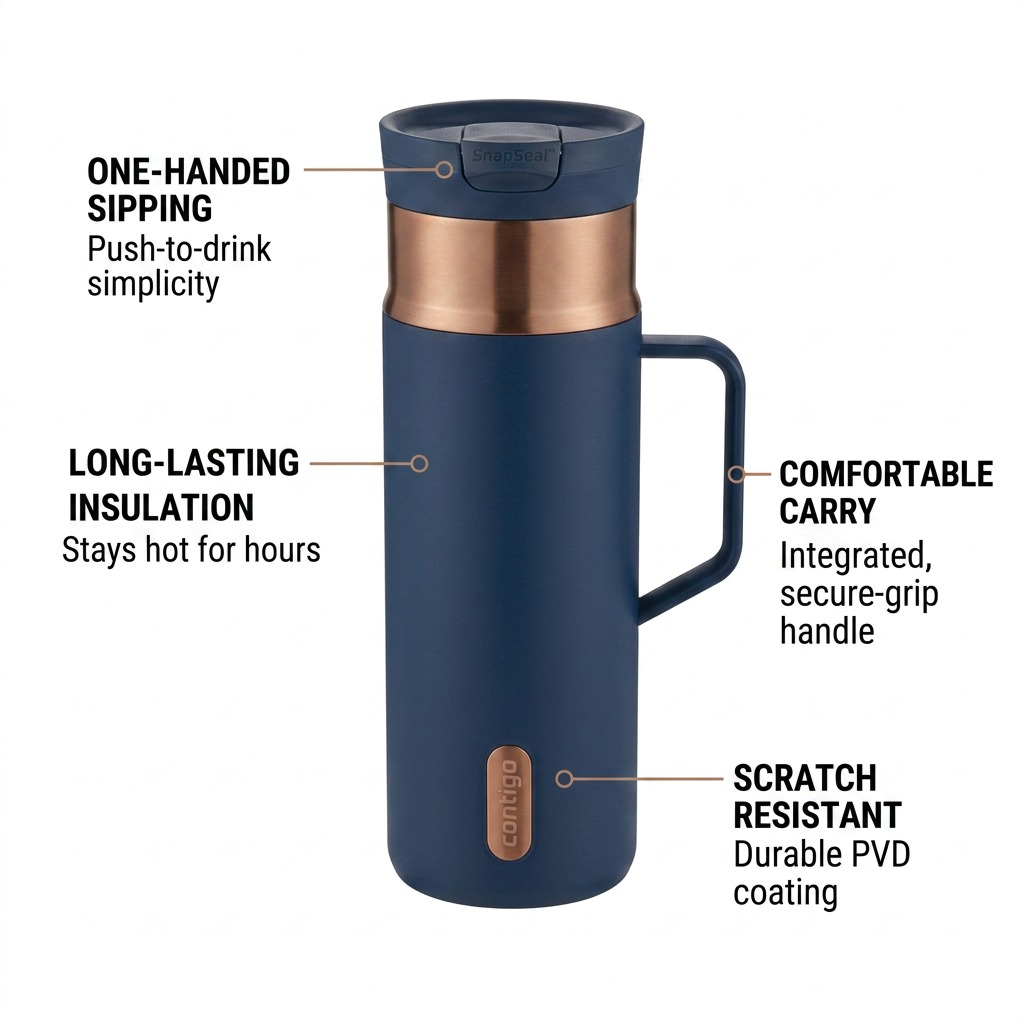 An informational graphic for the Contigo Handled travel mug with points of interest with text labels. "One-Handed Sipping, Long-Lasting Insulation, Comfortable Carry, and Scratch Resistant."