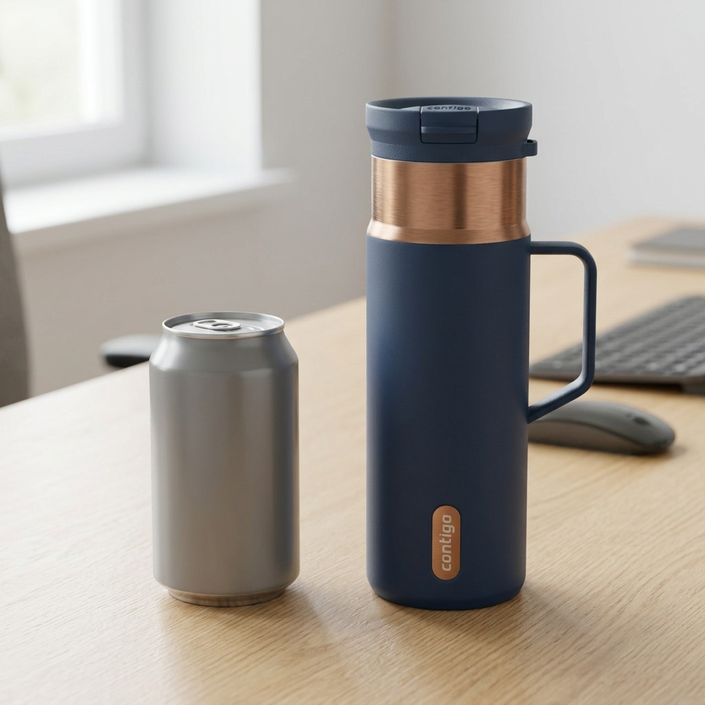 Scale reference: Contigo Travel Mug beside a standard soda can on a woody work desk.