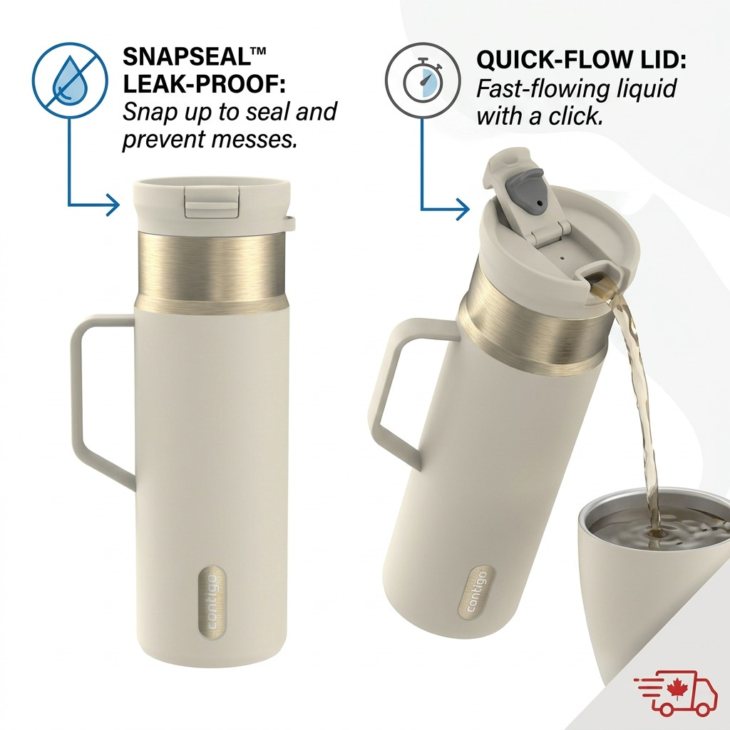 Feature graphic shows Contigo travel mug's leak-proof Snapseal lid operation.