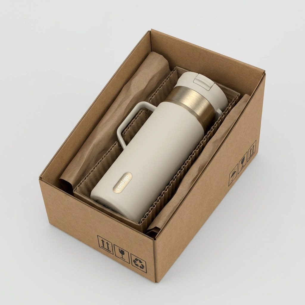 A clean, product-led unboxing image showing the Contigo mug snugly protected by corrugated dunnage in a shipping box.