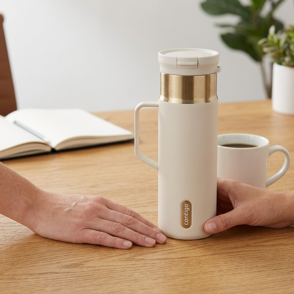 Scale reference photo of 20 oz Oatmilk Contigo mug on desk next to a ceramic coffee mug and adult hand.