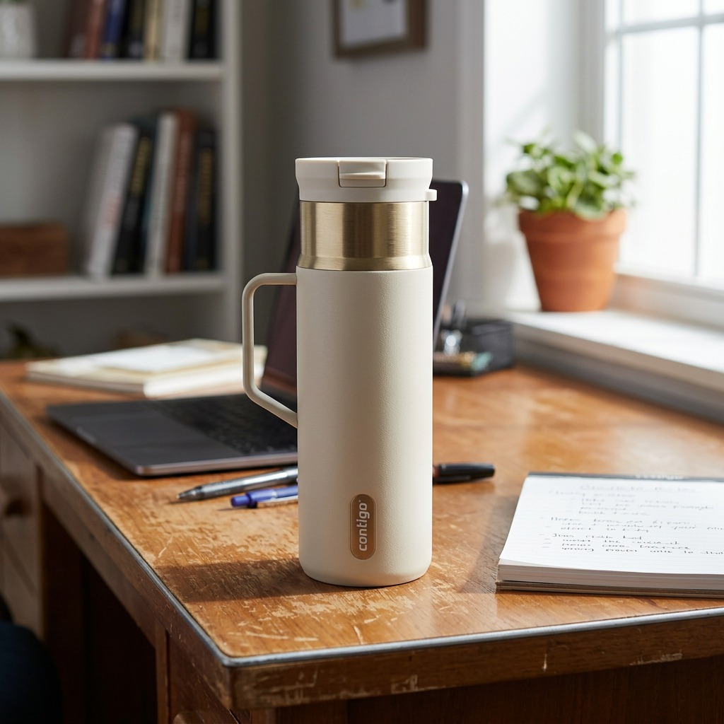 Lifestyle photo of Contigo 20 oz Handled Snapseal mug in Oatmilk, on a wooden office desk.