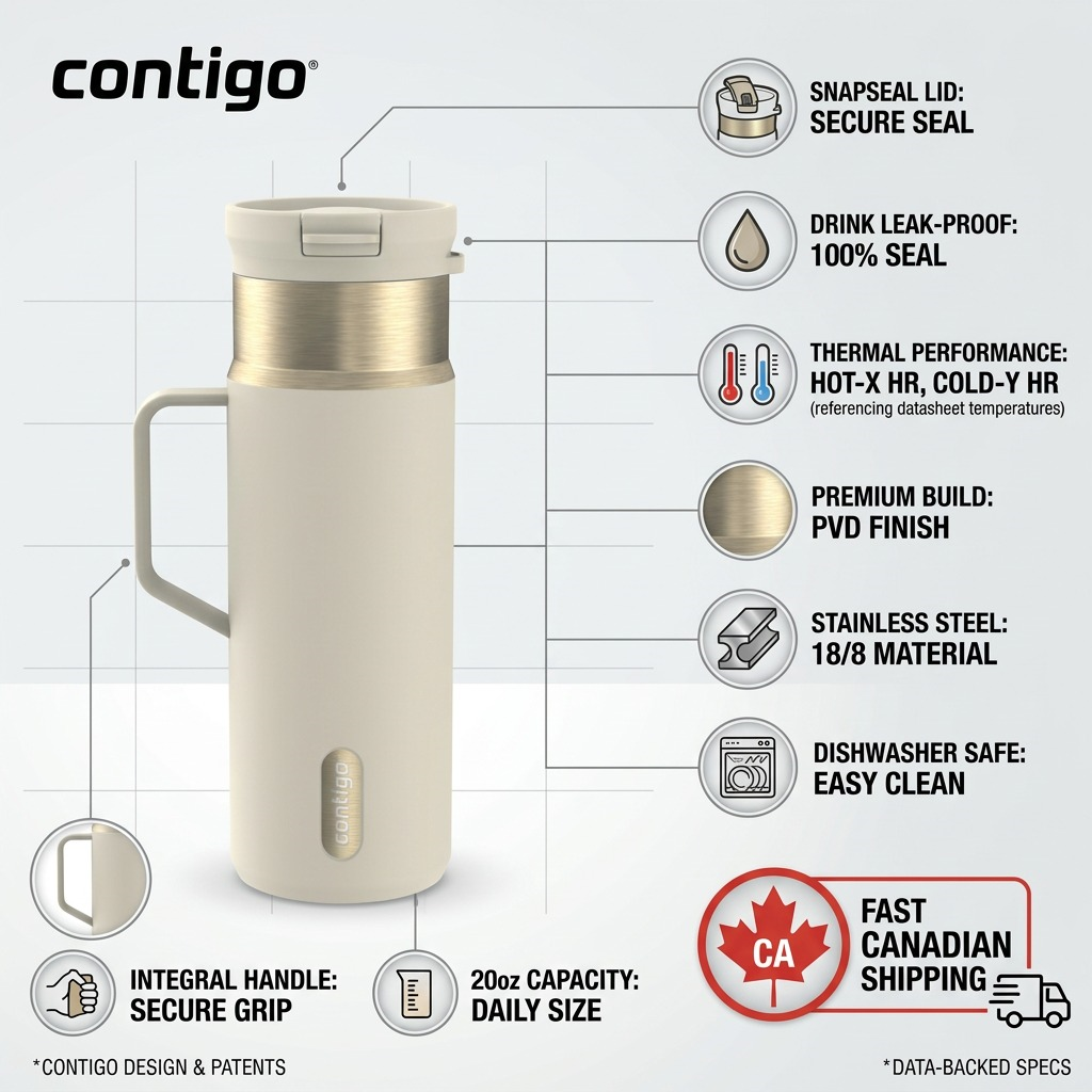 An ecommerce infographic visual matrix for the Contigo 20oz Handled Snapseal, featuring icons and short text cues emphasizing factual performance, design, materials, and shipping.