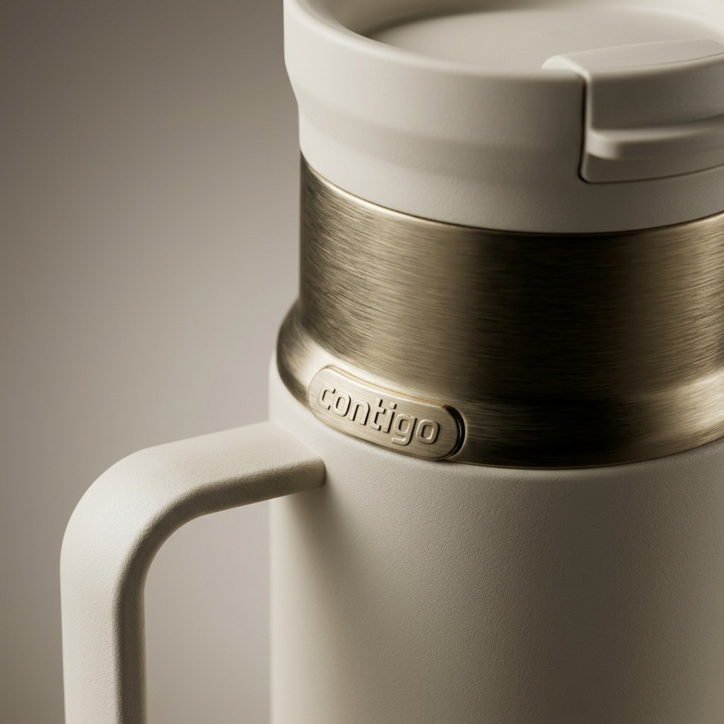 Macro close-up of the Contigo 20 oz Oatmilk bottle's logo plaque and brushed metal collar.