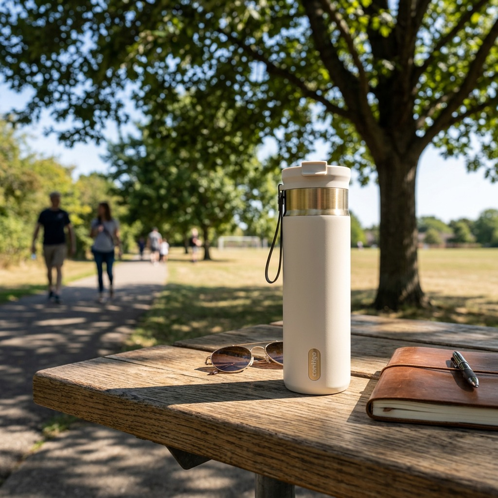A lifestyle image featuring the Contigo Oatmilk 24 oz Dual Sip PVD bottle resting on a rustic wooden picnic table in a sunlit park, next to a smartphone and a pair of sunglasses.