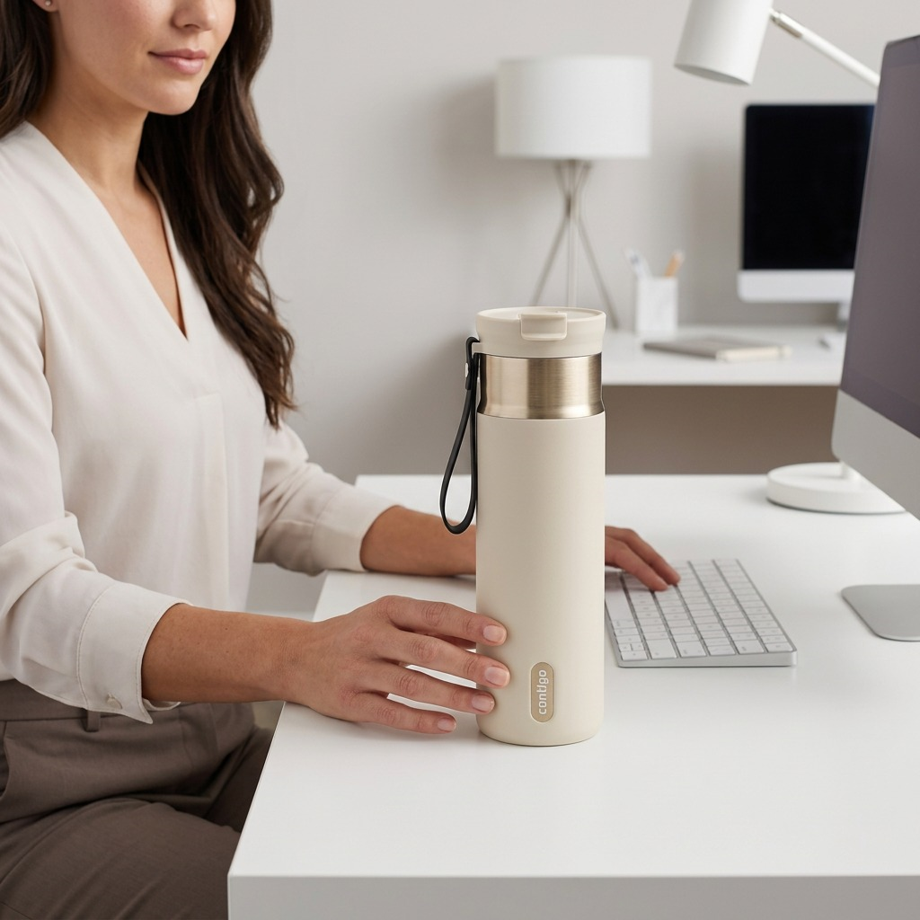 The Contigo Oatmilk Dual Sip 24 oz travel mug shown in a real workspace to visually convey its size.