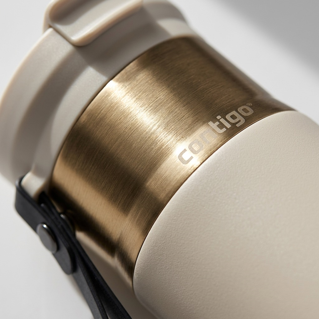 Macro view showing the fine texture and etched logo of the PVD gold collar and Oatmilk body.