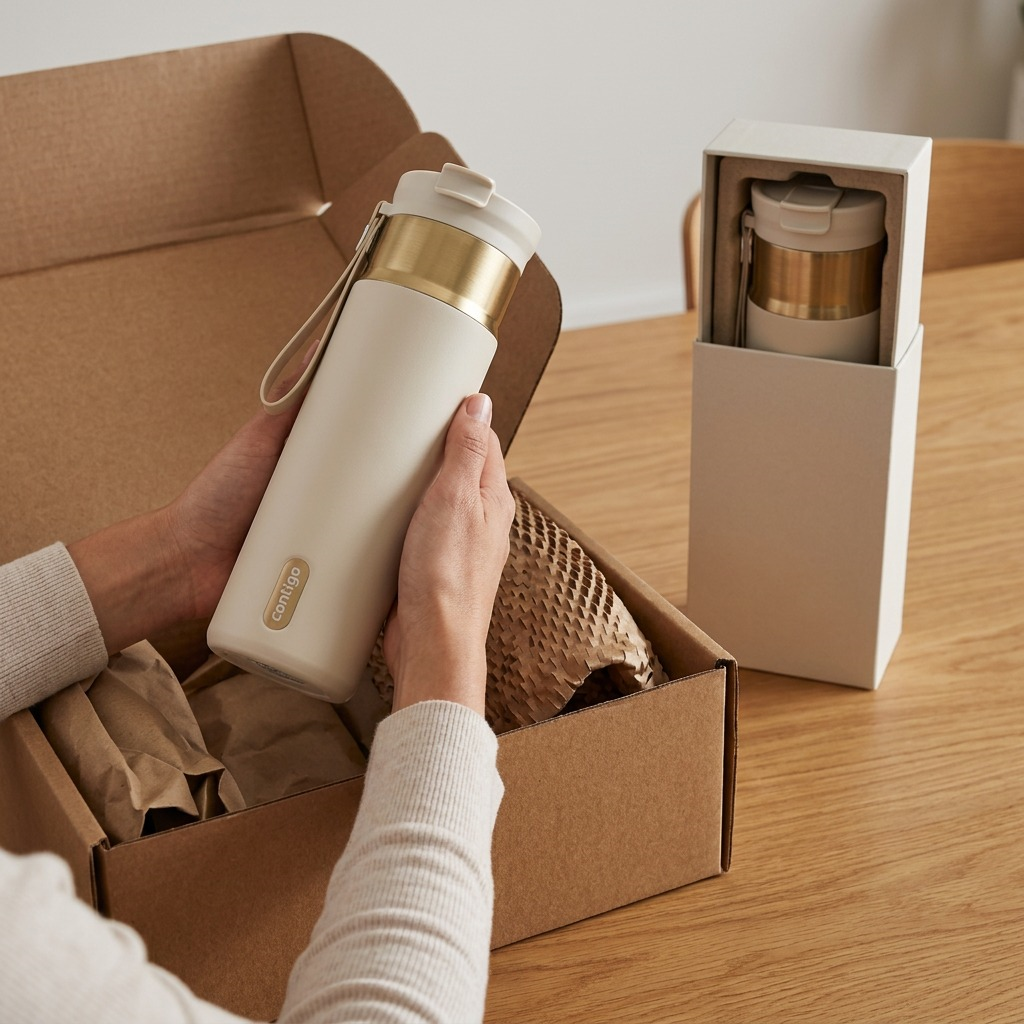 Premium, realistic home unboxing of the intact Oatmilk Contigo 24 oz Dual Sip, packed with protective materials.