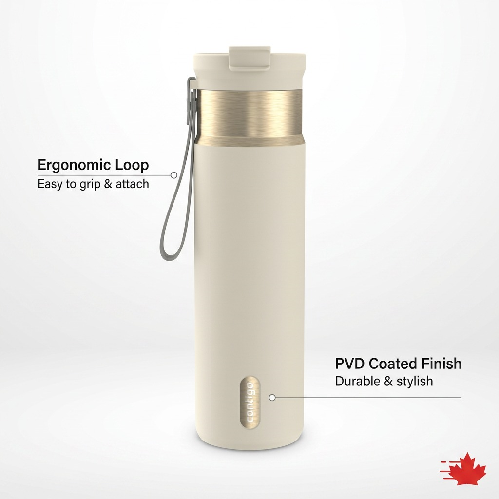 Feature image for the Contigo 24 oz water bottle, detailing the loop and PVD coating benefits.