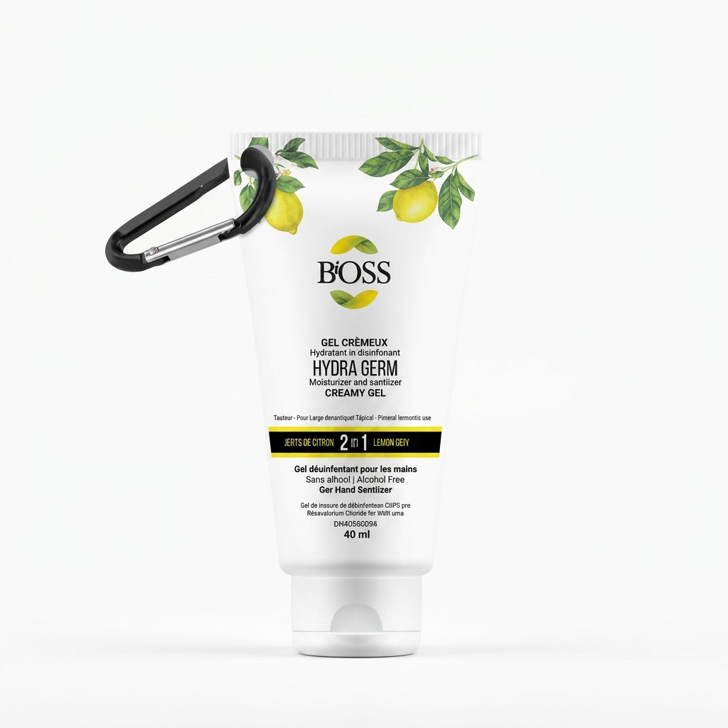 BiOSS Hydra Germ 40ml lemon-scented alcohol-free hand sanitizer gel tube with black carabiner clip.