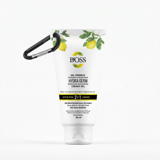 BiOSS Hydra Germ 40ml lemon-scented alcohol-free hand sanitizer gel tube with black carabiner clip.