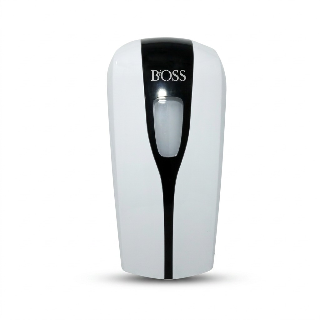 A high-resolution product shot of the white and black BiOSS011 automatic touch-free hand sanitizer dispenser on a pure white background.