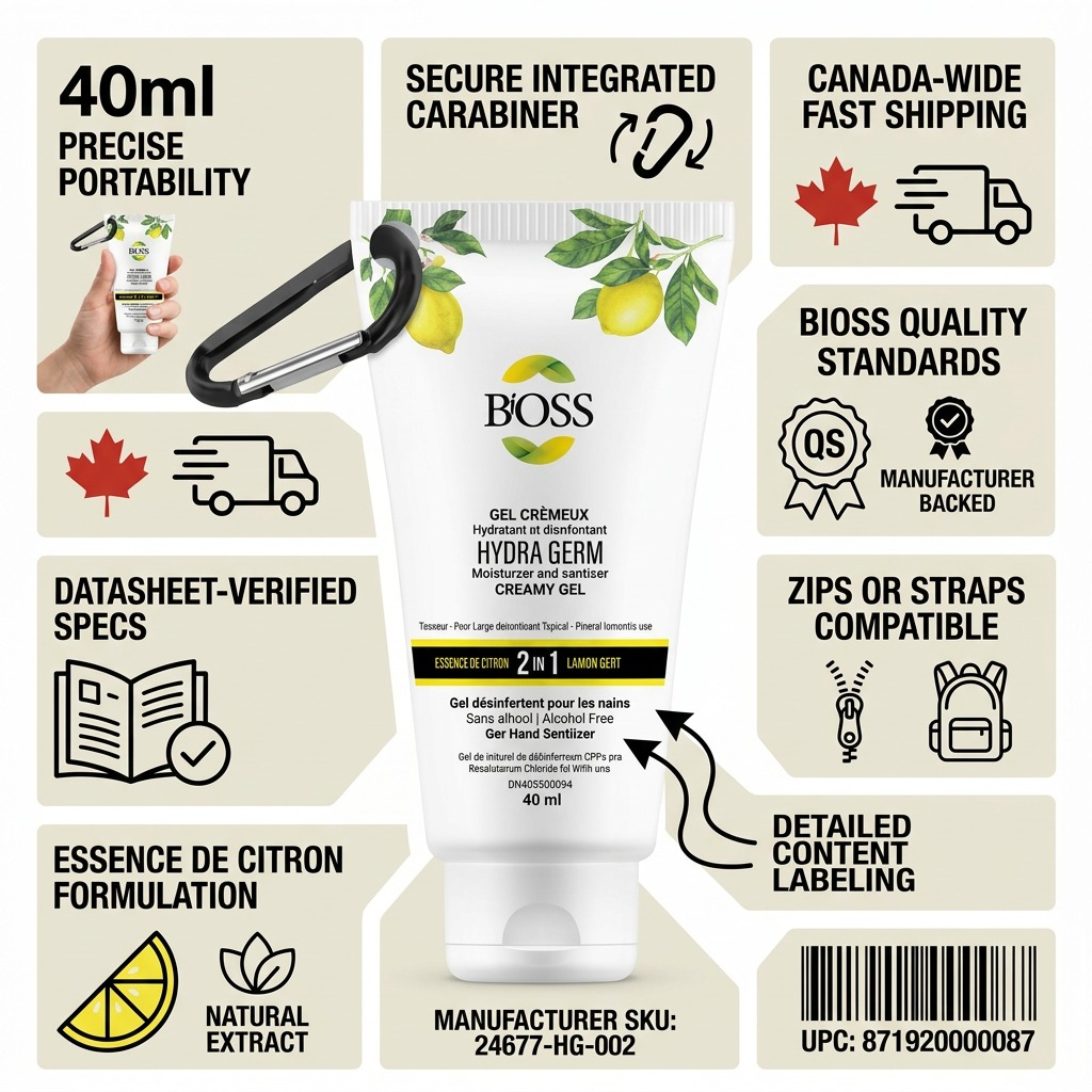 BiOSS Hydra Germ 40ml lemon hand sanitizer infographic with carabiner clip and Canada shipping icons.
