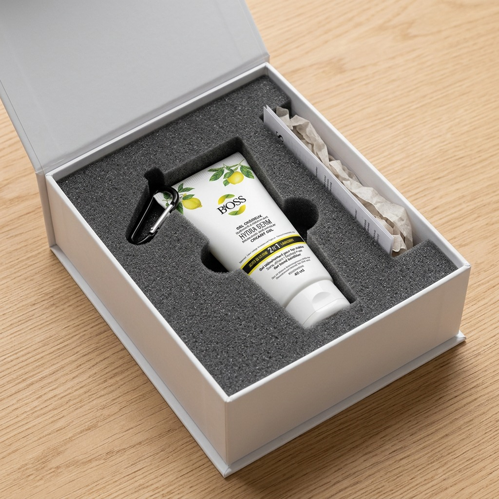 BiOSS Hydra Germ 40ml tube with carabiner securely packed in charcoal foam within a white gift box.