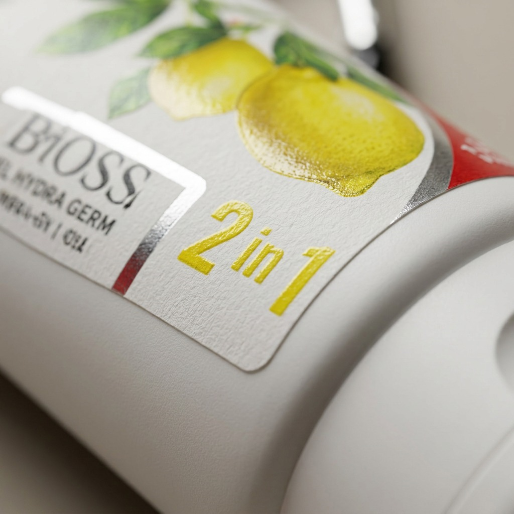 Macro detail of BiOSS Hydra Germ 2 in 1 label with lemon illustration and embossed silver foil trim.