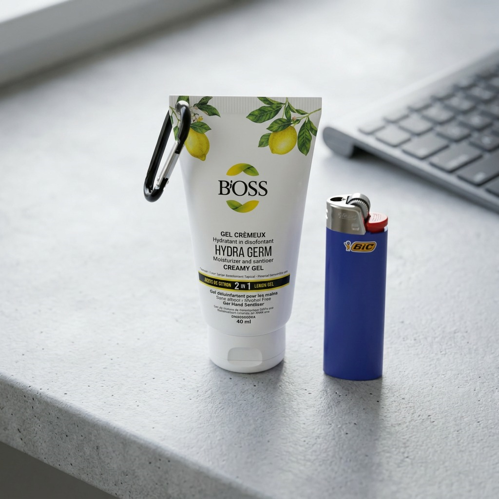 BiOSS Hydra Germ 40ml tube with carabiner, shown next to a pocket lighter for scale on a gray desk.