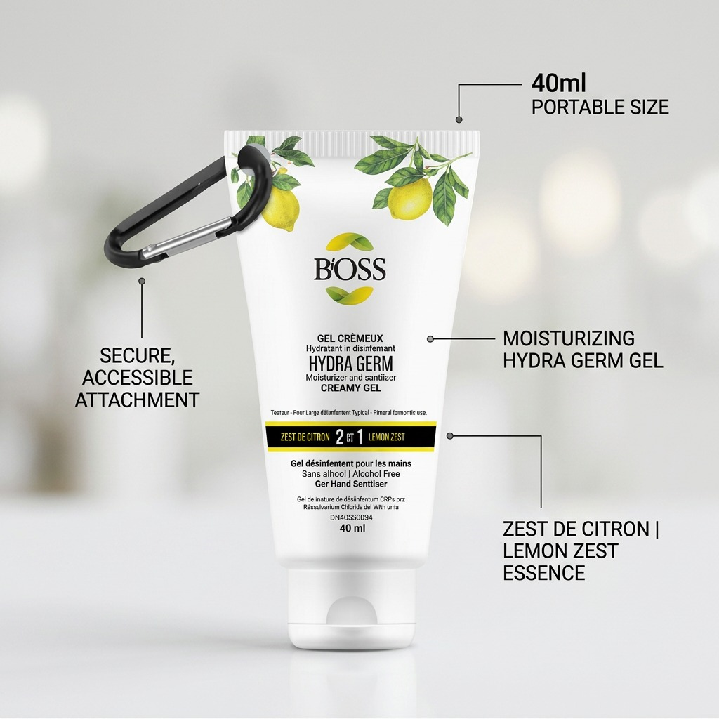 BiOSS Hydra Germ 40ml lemon hand sanitizer gel with carabiner clip and moisturizing feature labels.