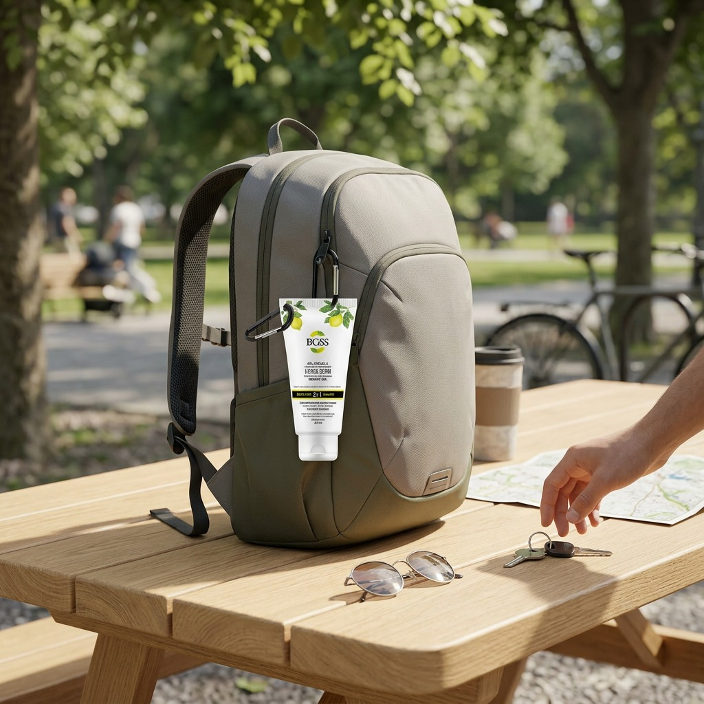 BiOSS Hydra Germ lemon hand sanitizer tube clipped to a backpack on a park picnic table.