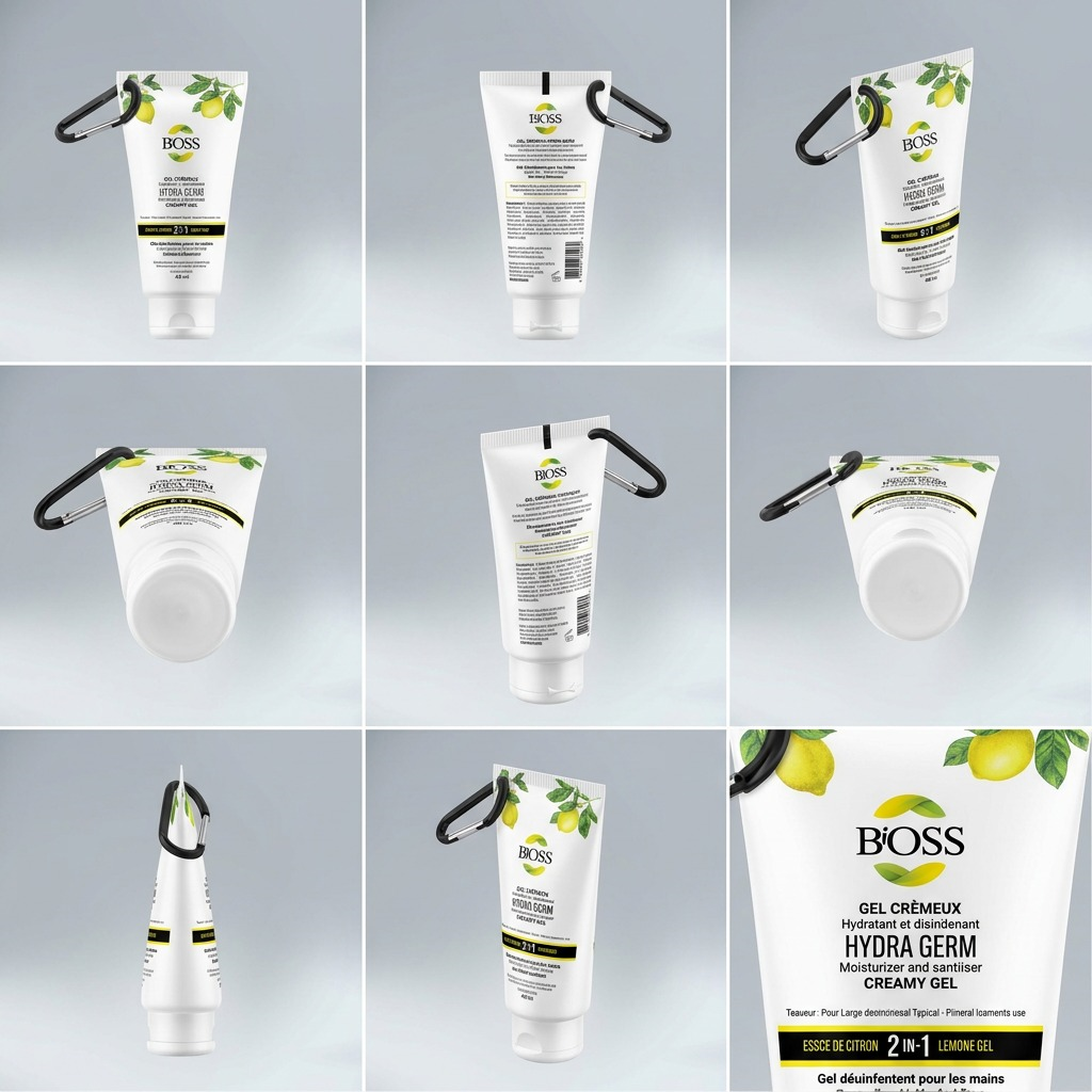 Grid showing BiOSS Hydra Germ 40ml lemon hand sanitizer from multiple angles including carabiner clip.