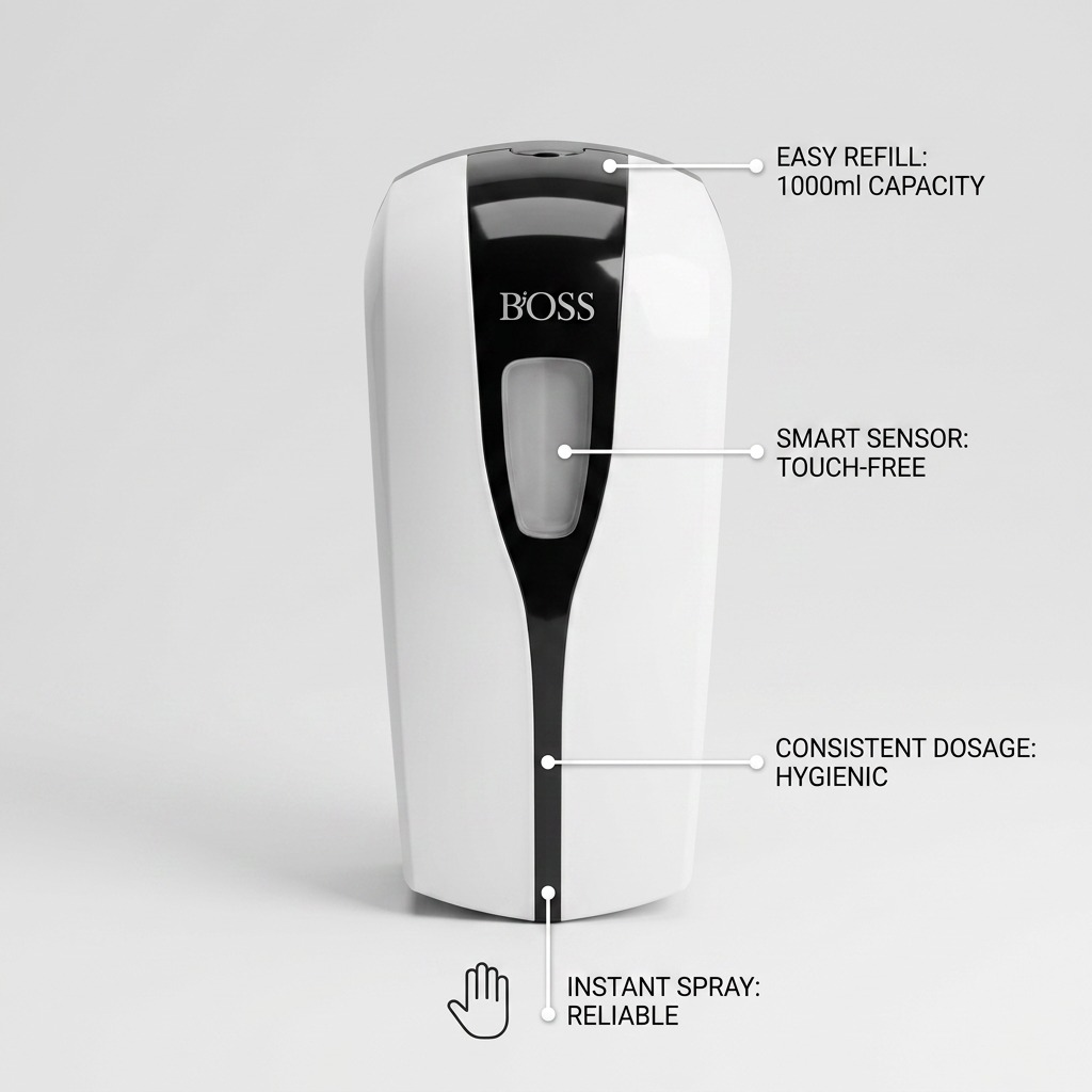 Bioss 1000ml automatic soap dispenser feature graphic. Callouts for capacity, motion sensor, dosage control, spray reliability.