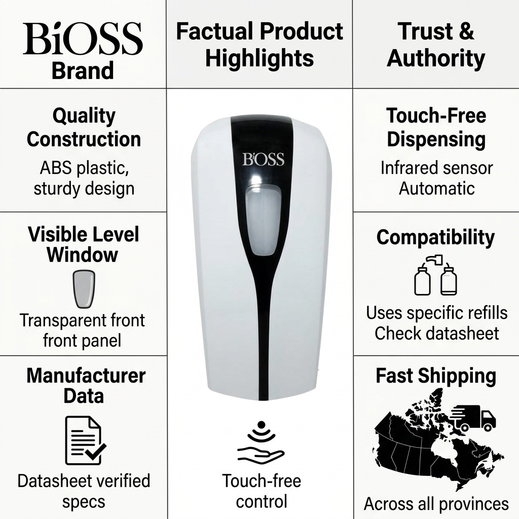 An infographic matrix highlighting key features of the BiOSS touch-free dispenser: construction quality, sensor tech, data verification, and Canadian shipping, with the device pictured in the center.