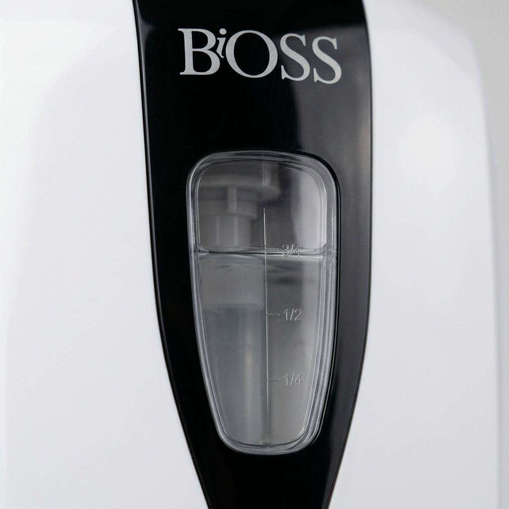 Extreme macro view of the BiOSS011 dispenser's fluid window and black stripe, showing sharp reflections and material contrast.
