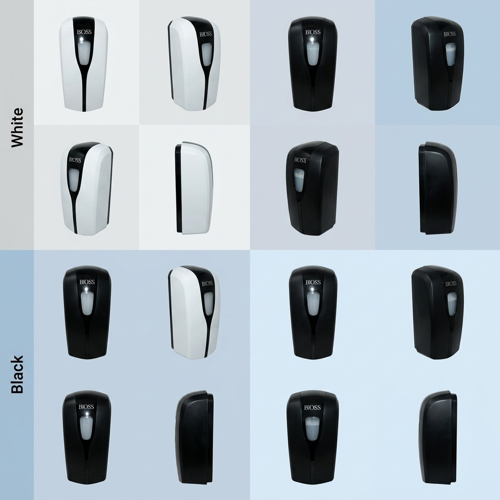 A multi-angle grid view of BiOSS automatic sanitizer dispensers in white and black variant finishes.