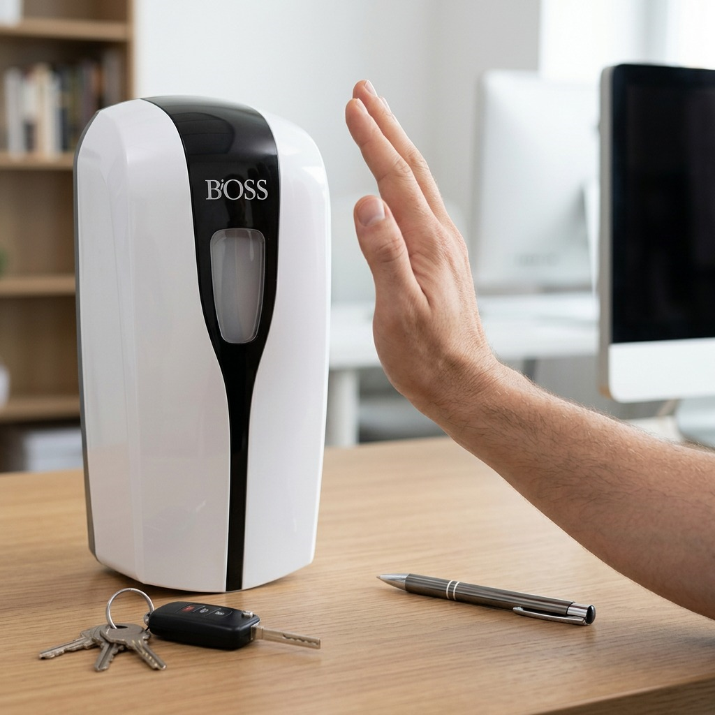 BiOSS touch-free automatic hand sanitizer dispenser on a wooden desk, positioned next to standard-size house and car keys, showing a scale reference.