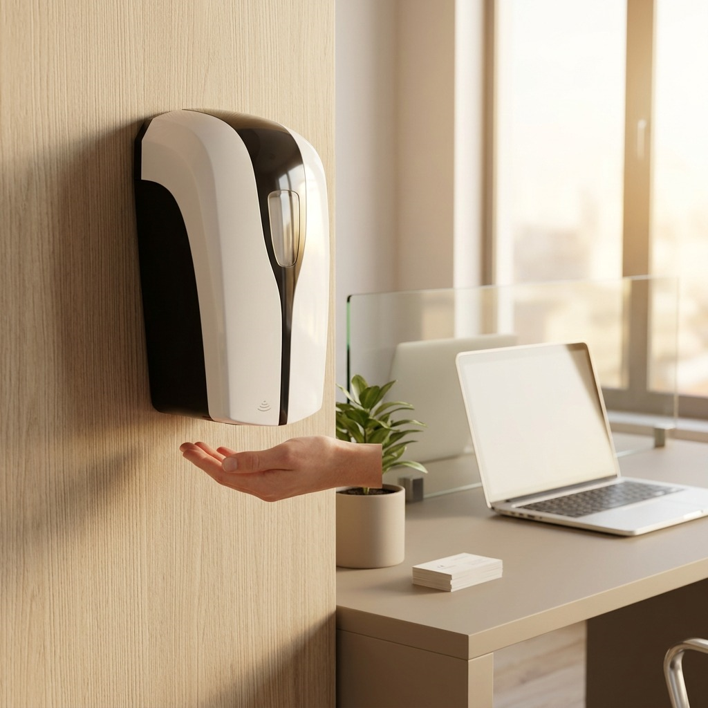 A lifestyle photograph of the correct touch-free automatic dispenser mounted by a modern, neutral-toned office desk and plant.