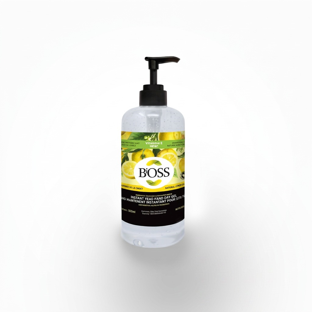BiOSS 500ml Hand Sanitizer gel bottle with black pump, featuring a lemon and Vitamin E label.
