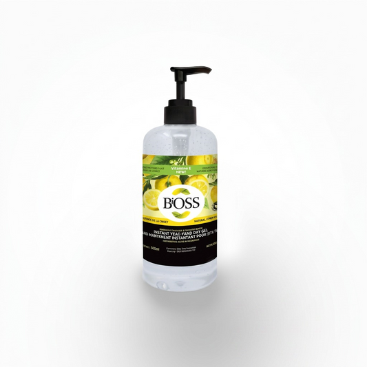BiOSS 500ml Hand Sanitizer gel bottle with black pump, featuring a lemon and Vitamin E label.