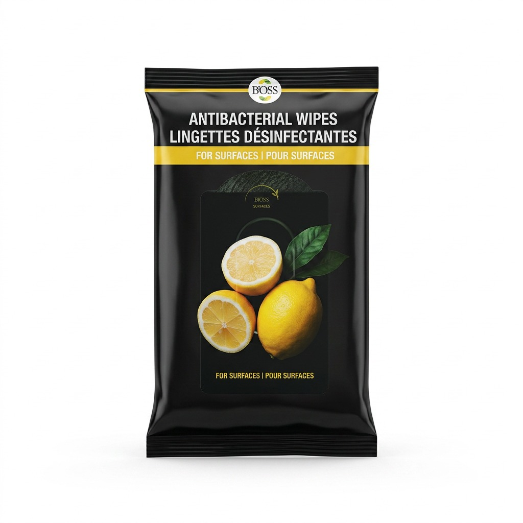 BiOSS antibacterial surface wipes travel pack with lemon scent, black packaging on white background.