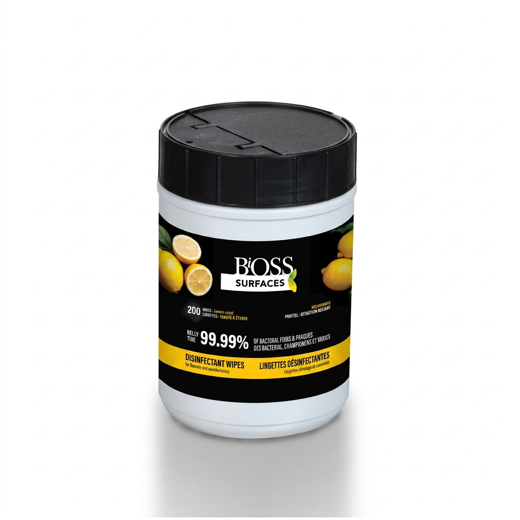 BiOSS Surfaces Lemon Disinfecting Wipes, 200 count canister with black lid on white background.