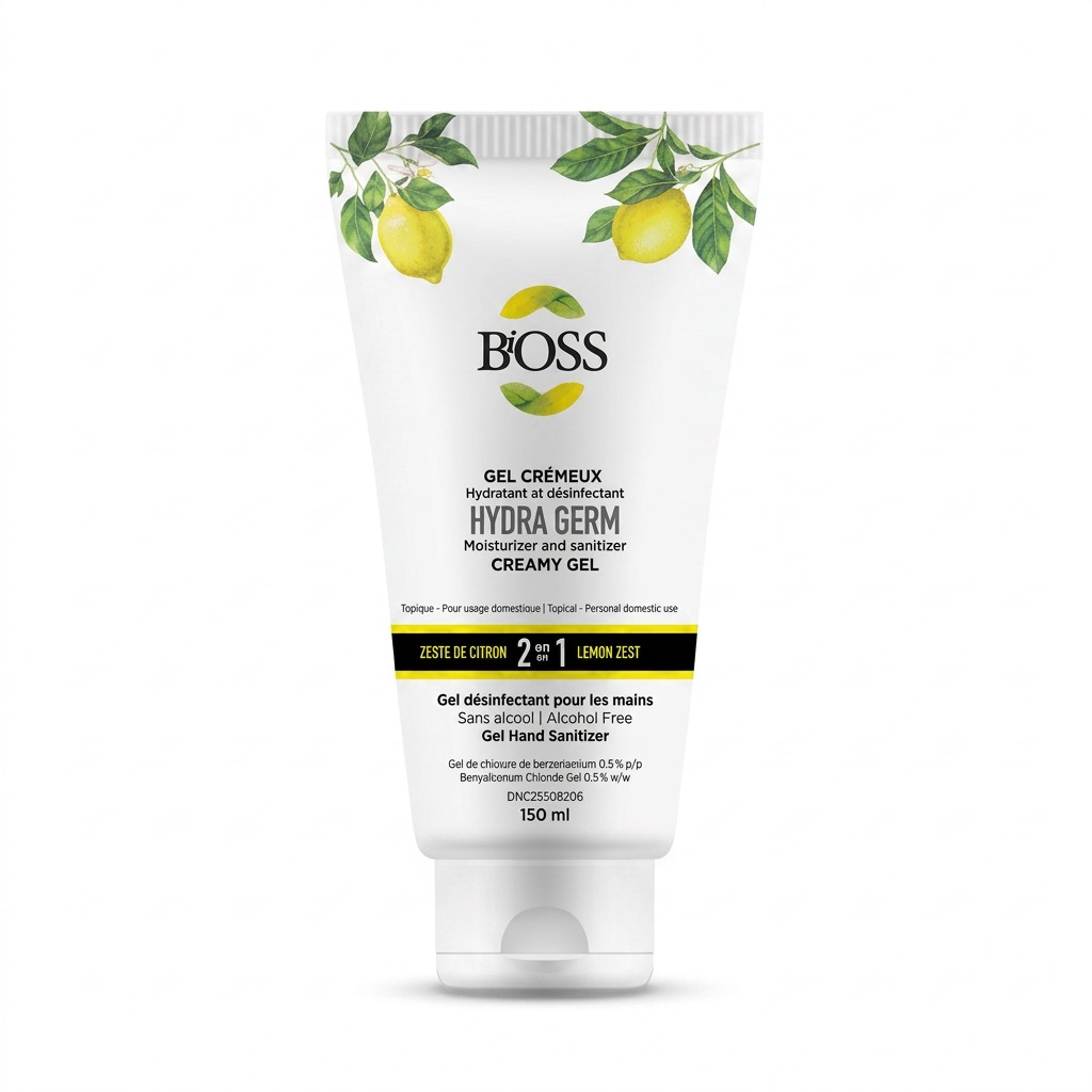 BiOSS Hydra Germ 150ml Lemon Zest 2-in-1 Hand Sanitizer and Moisturizer tube on a white background.