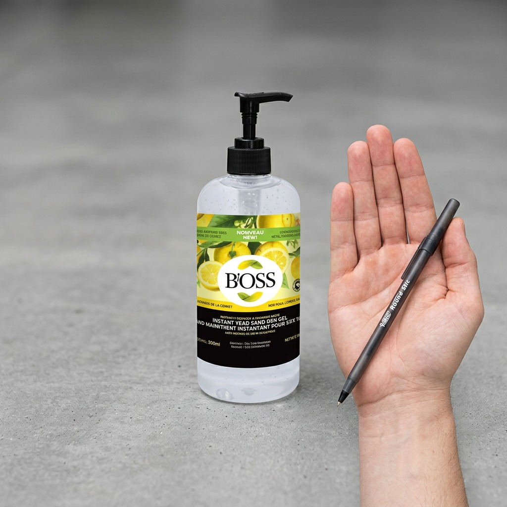 BiOSS 500ml hand sanitizer pump bottle shown next to a human hand and pen for scale reference.