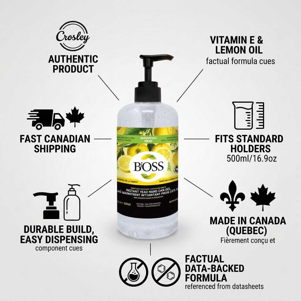 BiOSS 500ml Hand Sanitizer infographic showing Vitamin E formula and fast Canadian shipping.
